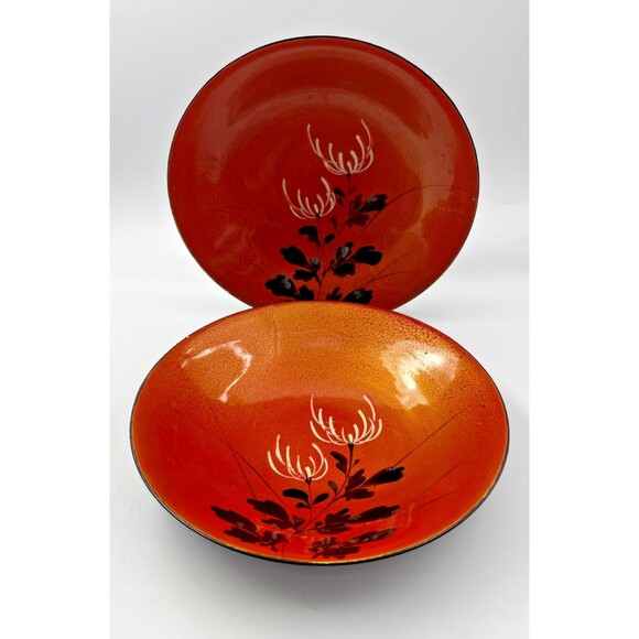 2 Vintage Japanese Orange Lacquer Ware Bowls 9" Shikki Sweets Bowl Hand Painted - Picture 5 of 7